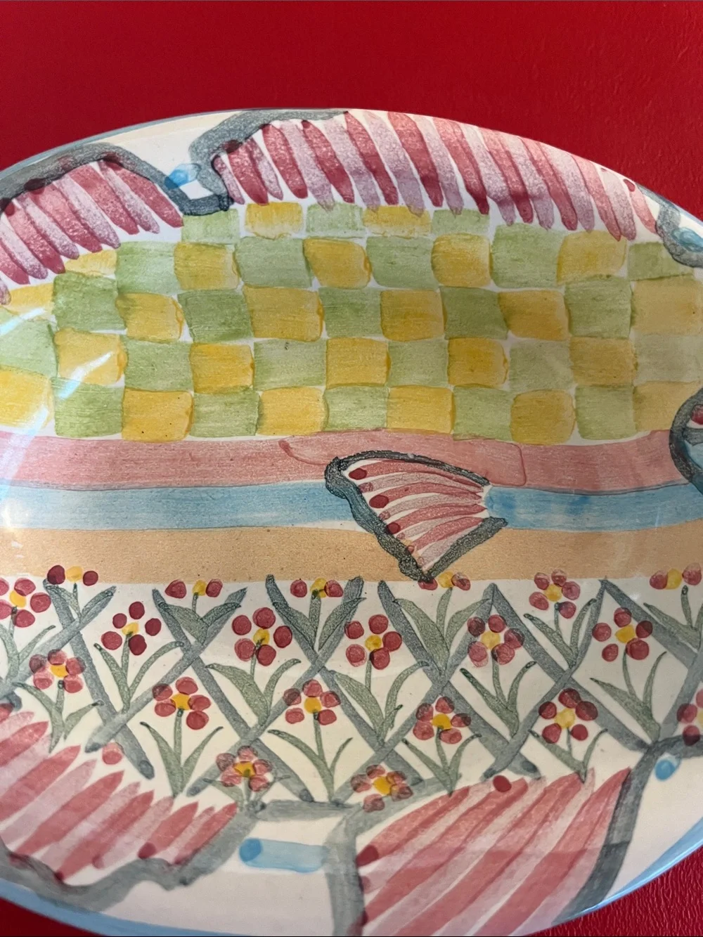 Vintage 1983 Hand-Painted Fish Ceramic Dish in Pink and Yellow